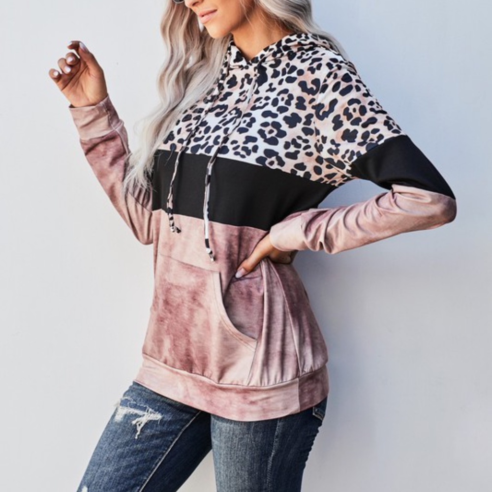Boho Pink Leopard Print Tie Dye Sweater Top - Picture 4 of 7
